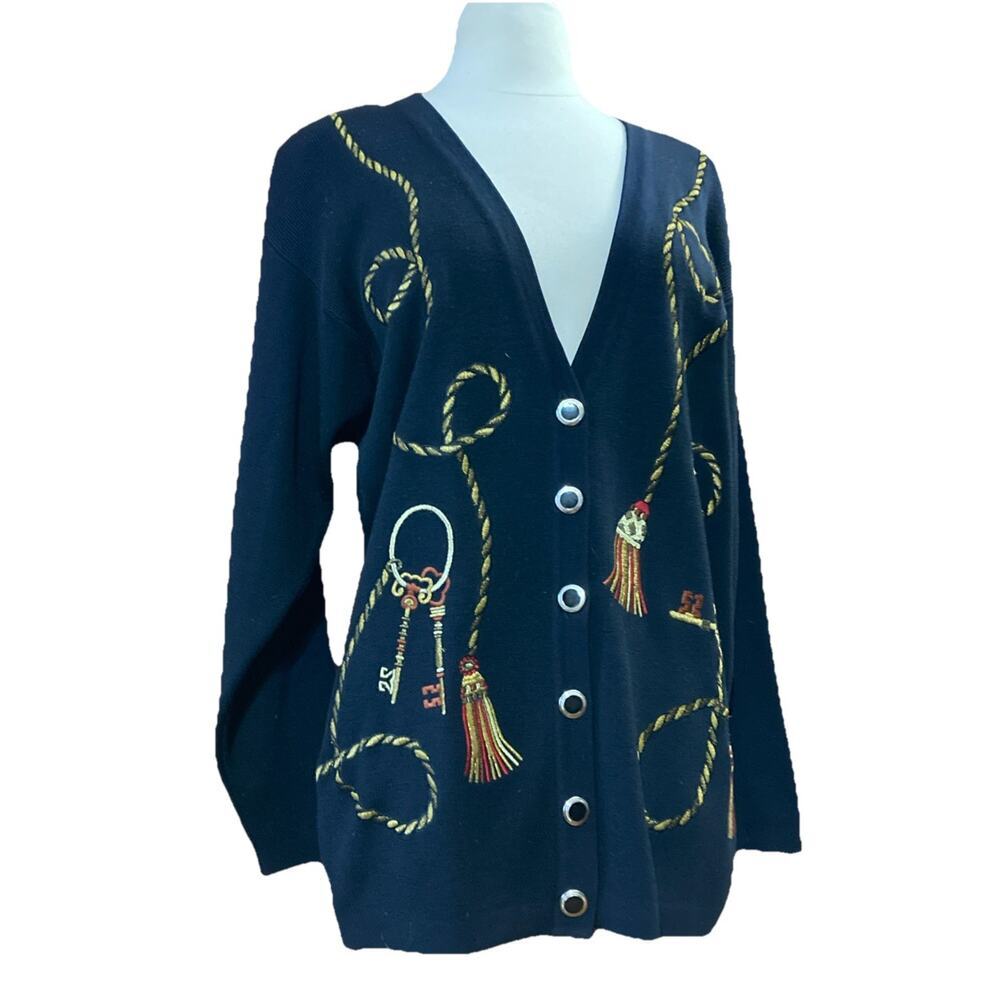 Casual Corner Embroidered Wool Blend‎ Cardigan Sz M Black Rope Tassel Keys Vtg